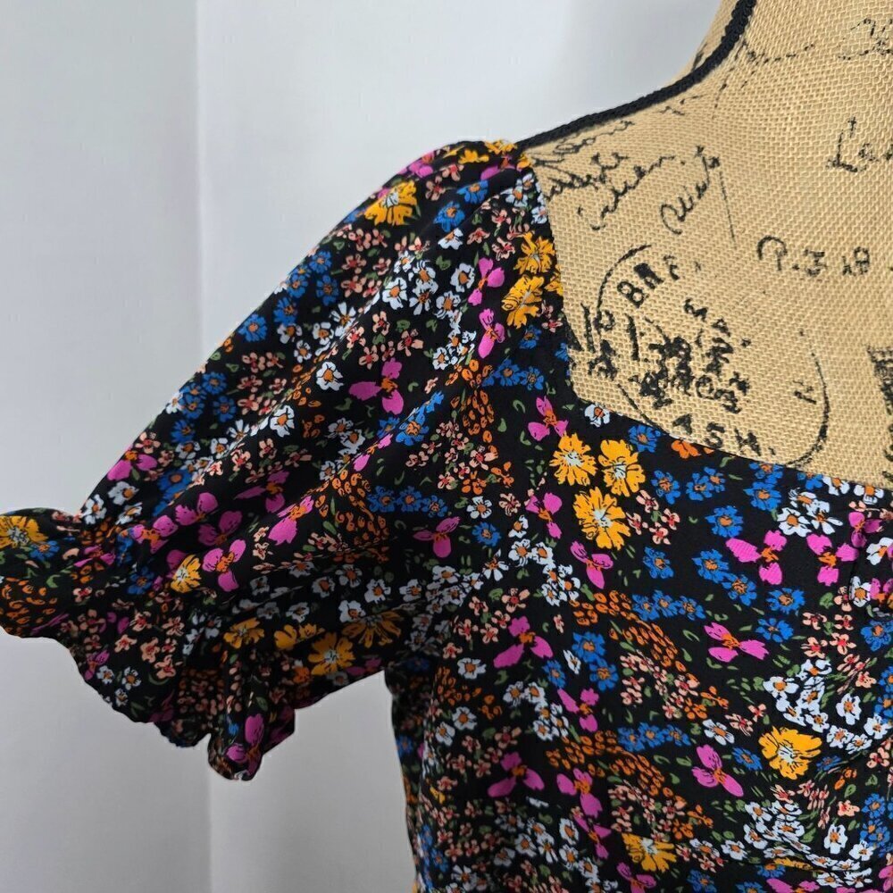 Y2K style Neon Floral Off the Shoulder Boho Babydoll Mini Dress - Picture 3 of 9